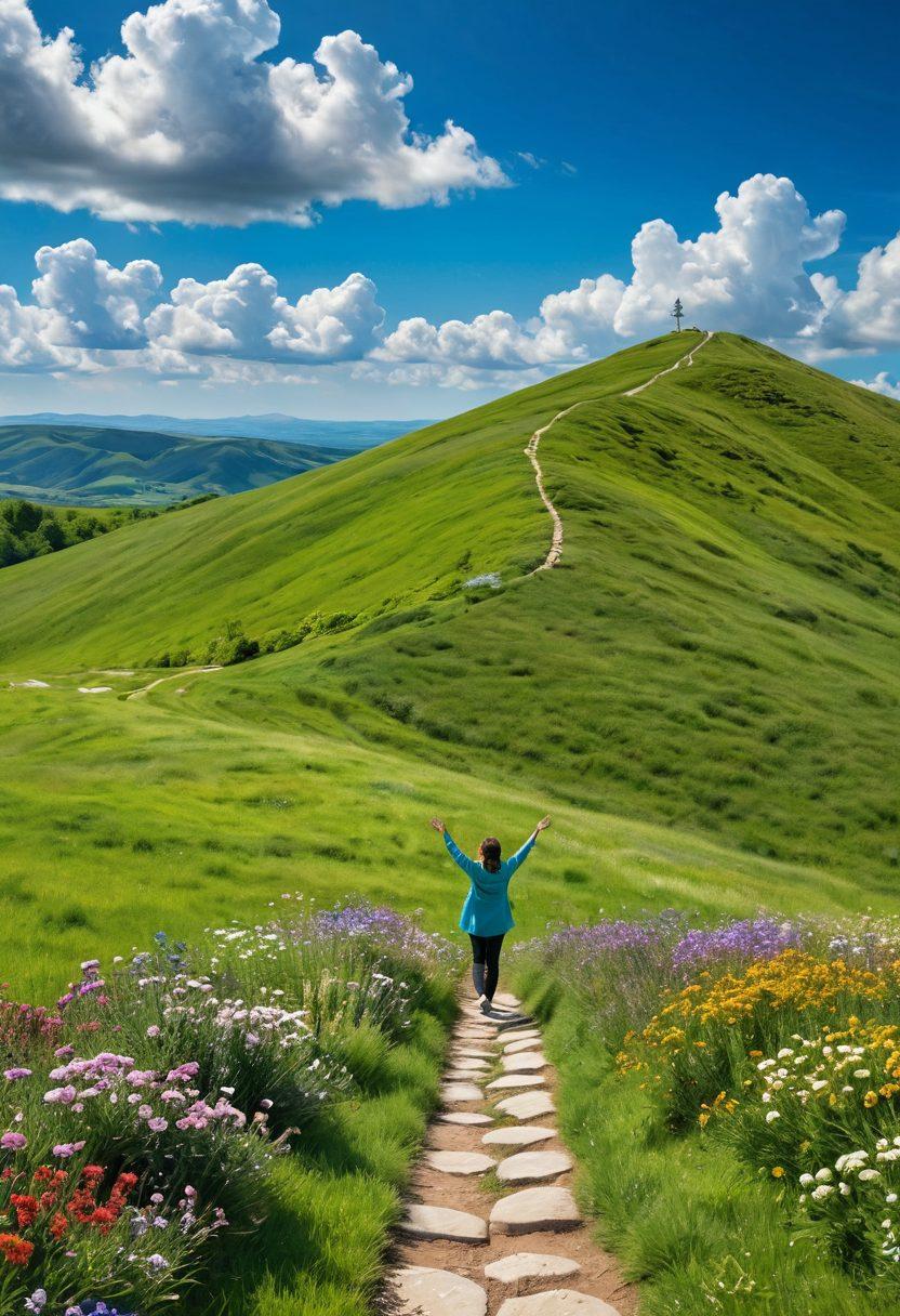 A serene landscape showing a person standing on a vibrant green hill, arms raised towards a bright blue sky filled with fluffy white clouds. In the background, a winding path symbolizes the journey from diagnosis to wellness, lined with blooming flowers representing hope and healing. Soft sunlight bathes the scene, creating a warm and uplifting atmosphere. super-realistic. vibrant colors. natural scenery.